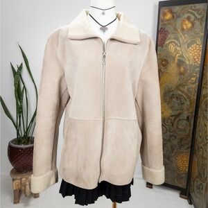 Y2K Beige Leather Shearling Lined Zip Jacket‎ Womens Neutral Leather Coat